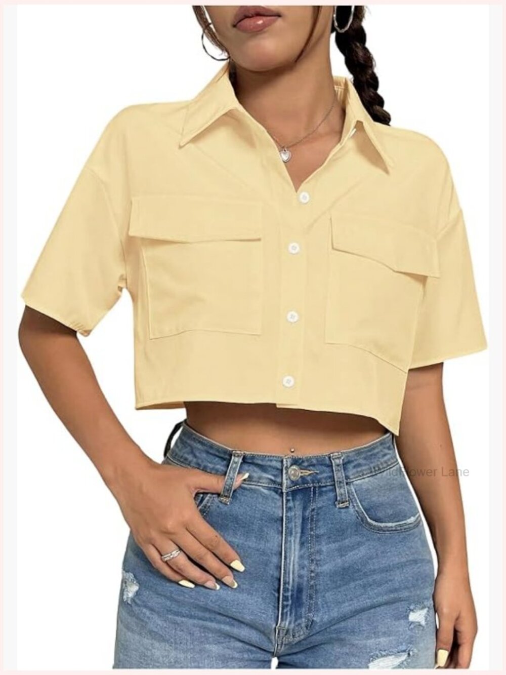 Cropped Button Up Short Sleeve Blouse with Flap Pocket